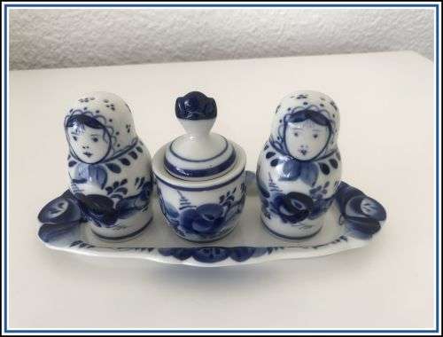 Salt and pepper set with mustard pot Gzhel hand painted