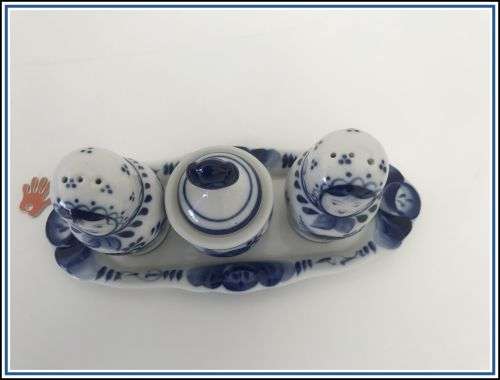 Salt and pepper set with mustard pot Gzhel hand painted