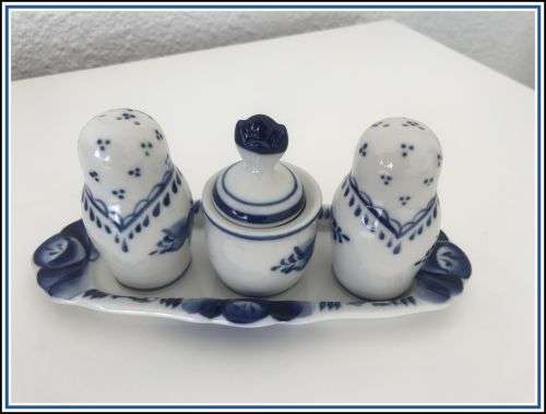 Salt and pepper set with mustard pot Gzhel hand painted