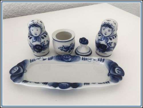 Salt and pepper set with mustard pot Gzhel hand painted