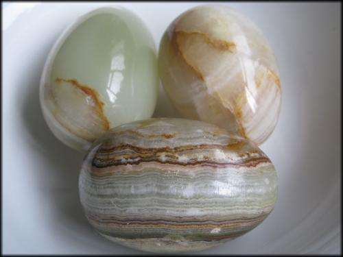 3 collectable alabaster marble eggs from Italy. Translucent.