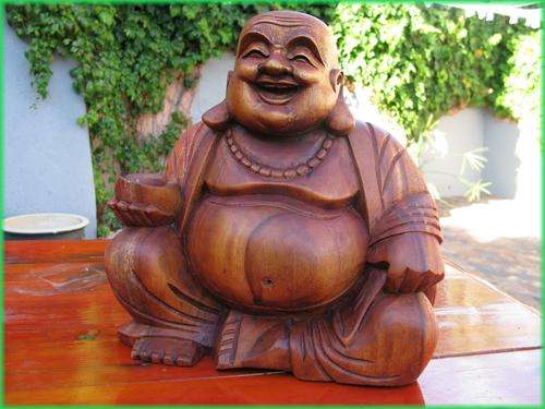 Wood Laughing Buddha figure. Height 30cm.
