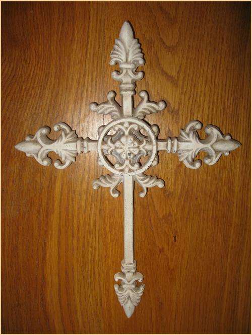Large white metal cross - ornamental. 39cm x 28cm. NEW
