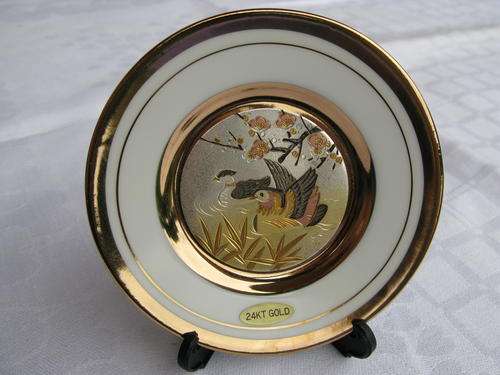 Chokin small plate with stand. Gilded. 10.3cm - Two ducks