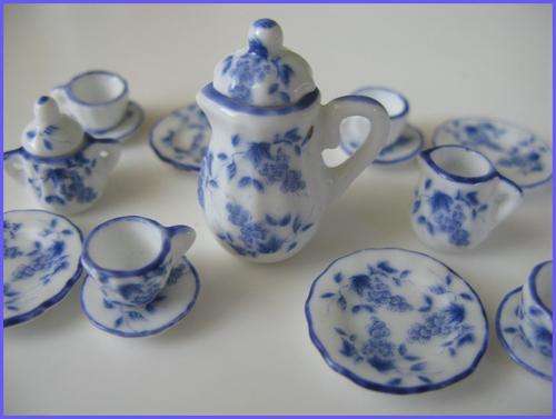 Doll house miniature TEA SET Blue flowers 15 items. scale 1/12