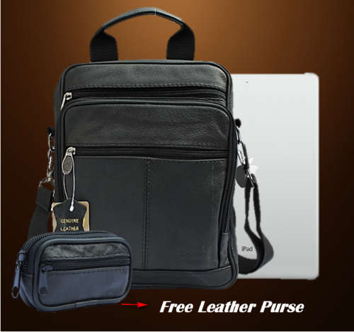 GENUINE LEATHER SHOULDER / MESSENGER BAG FOR 10 INCH TABLET WITH FREE LEATHER PURSE