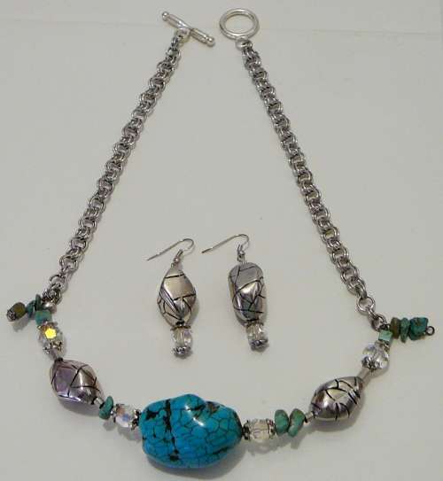 Hand Made Turquoise, Bali Silver Beads and Crystals Necklace and Matching Earrings