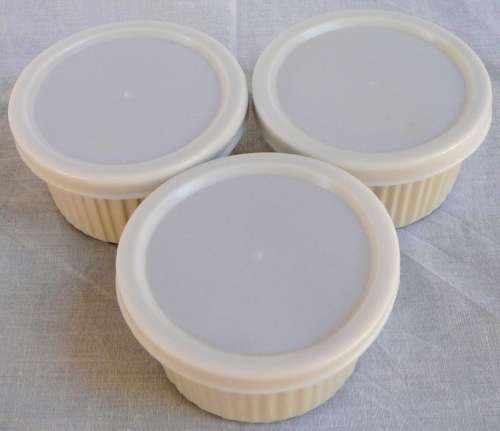 3 White Ramekins with Plastic Lids