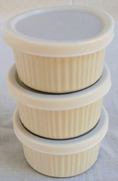 3 White Ramekins with Plastic Lids