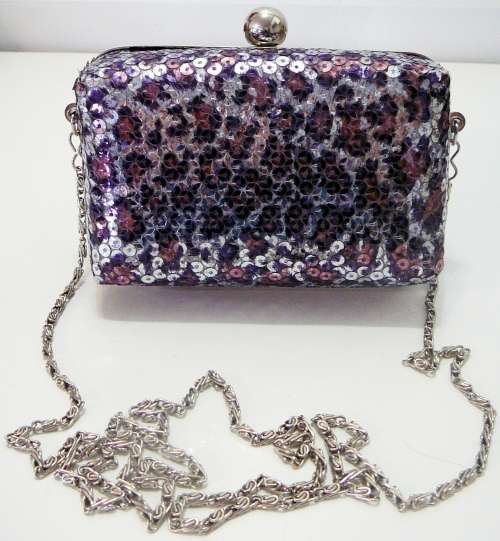 Box Shaped Sequinned Evening Bag with Long Chain Strap