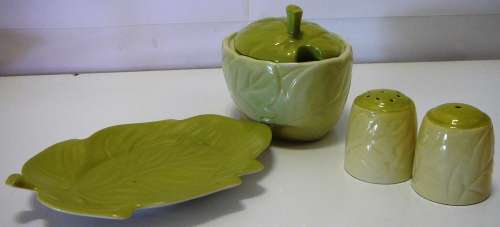 A Five Piece Cruet Set in Green Leaf Pattern Carlton Ware