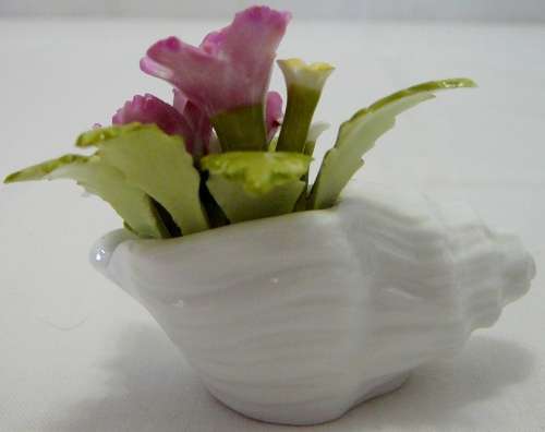 Gorgeous delicate Porcelain Pink Flowers in a White Snail Shell