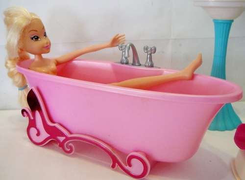 Rainbow Doll in Bath Tub with with Bathroom Fittings and Baby on Scale