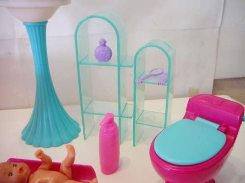 Rainbow Doll in Bath Tub with with Bathroom Fittings and Baby on Scale