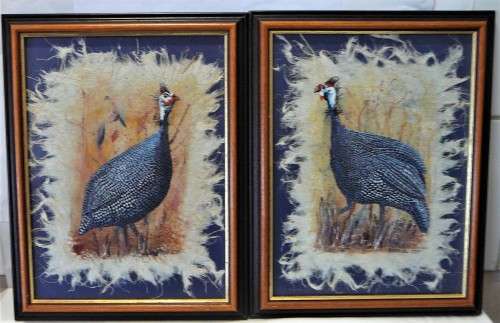 A Beautiful Pair of Mixed Media Guinea Fowl Paintings by Erna Du Toit