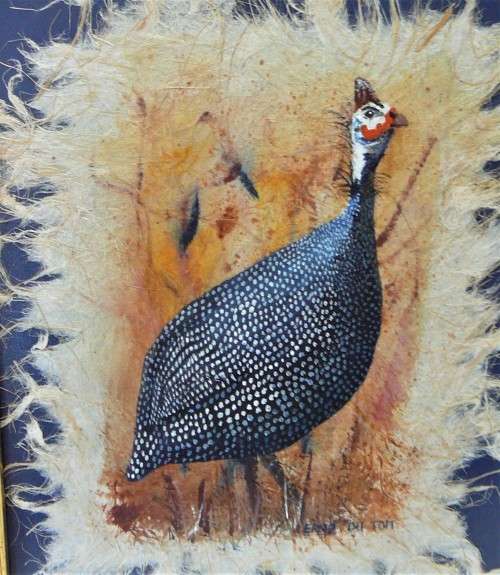 A Beautiful Pair of Mixed Media Guinea Fowl Paintings by Erna Du Toit