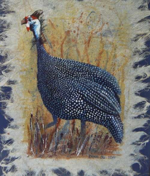 A Beautiful Pair of Mixed Media Guinea Fowl Paintings by Erna Du Toit