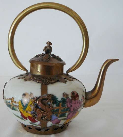 Chinese Tea Pot with Brass Handle and Trim