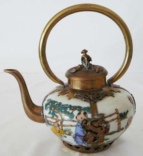 Chinese Tea Pot with Brass Handle and Trim