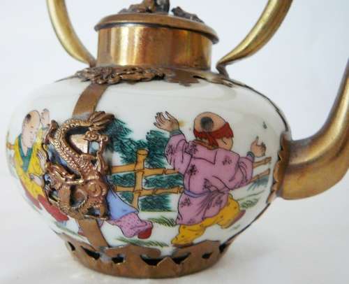 Chinese Tea Pot with Brass Handle and Trim