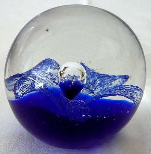 Clear Blue and White Water Splash Glass Paperweight