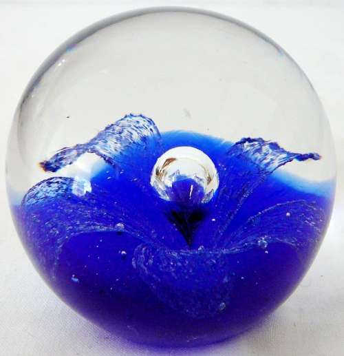 Clear Blue and White Water Splash Glass Paperweight