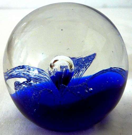 Clear Blue and White Water Splash Glass Paperweight