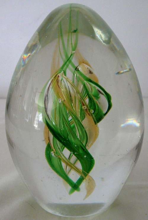 A Beautiful Conical Glass Paperweight Green and Yellow Spirals