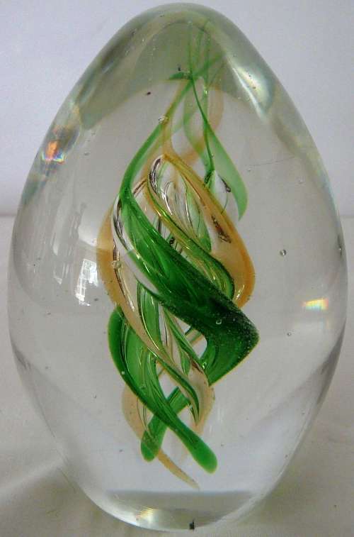 A Beautiful Conical Glass Paperweight Green and Yellow Spirals