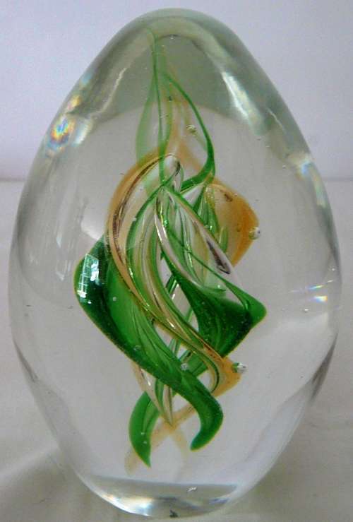A Beautiful Conical Glass Paperweight Green and Yellow Spirals