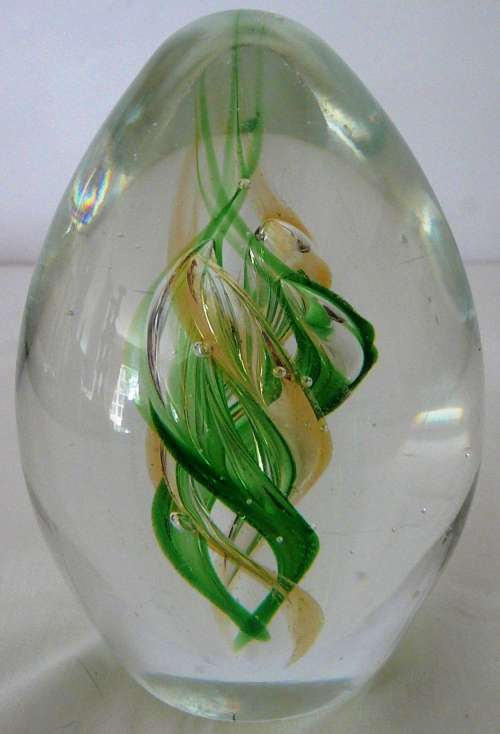 A Beautiful Conical Glass Paperweight Green and Yellow Spirals