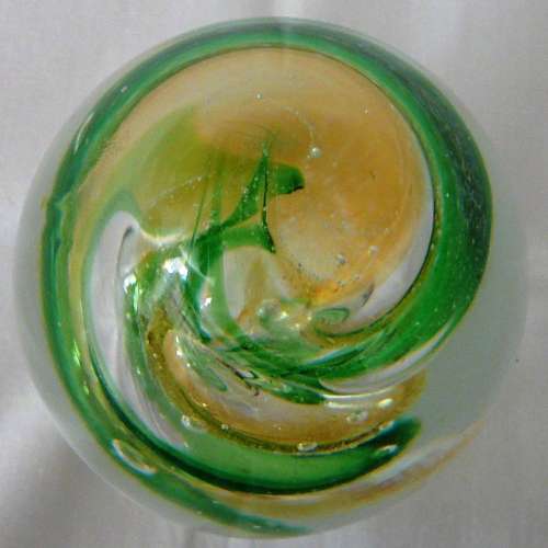 A Beautiful Conical Glass Paperweight Green and Yellow Spirals