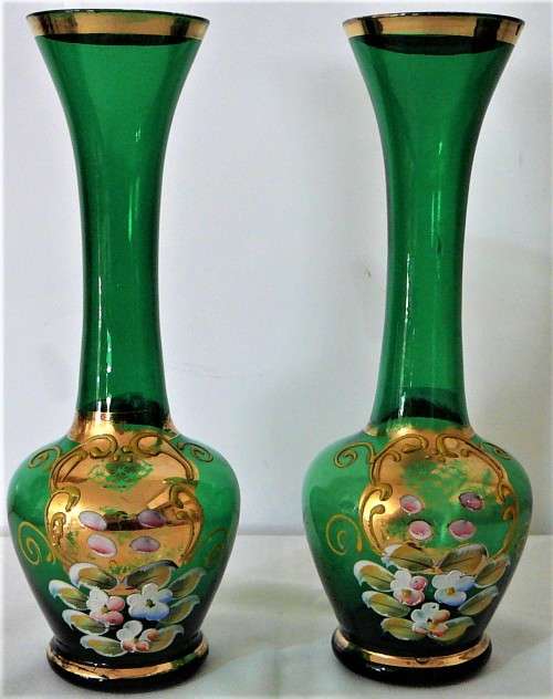 A Pair of Vintage Venetian Gold Trimmed Green Vases Embossed with Flowers