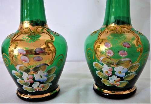 A Pair of Vintage Venetian Gold Trimmed Green Vases Embossed with Flowers