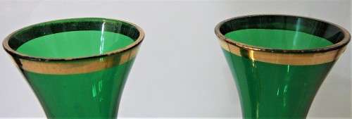 A Pair of Vintage Venetian Gold Trimmed Green Vases Embossed with Flowers