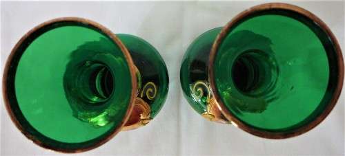A Pair of Vintage Venetian Gold Trimmed Green Vases Embossed with Flowers
