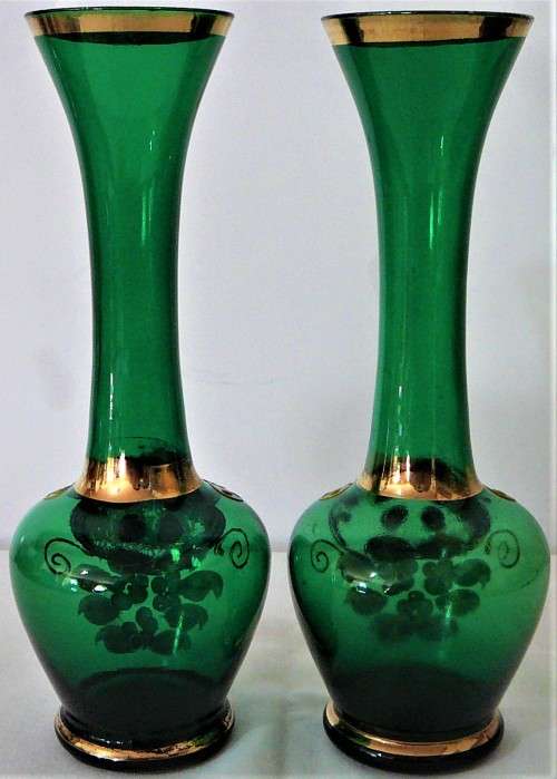 A Pair of Vintage Venetian Gold Trimmed Green Vases Embossed with Flowers