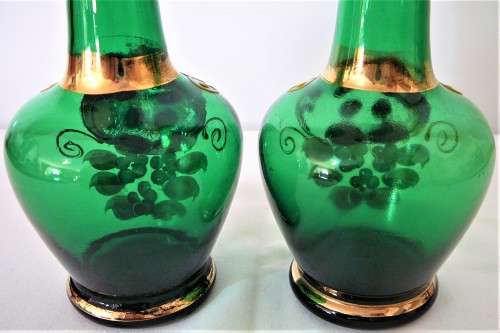 A Pair of Vintage Venetian Gold Trimmed Green Vases Embossed with Flowers