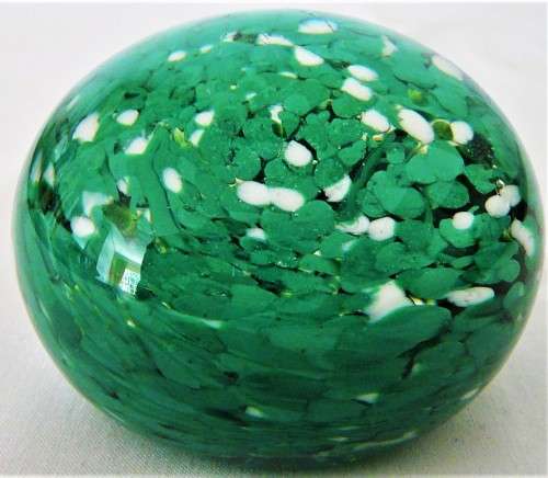 A Very Pretty Glass  Paperweight full of  Green and White Dots