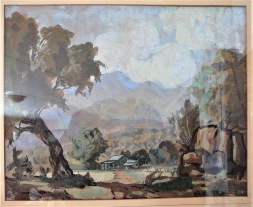 Old Farmstead below the Mountains - An Original Water Colour by Johann Engela