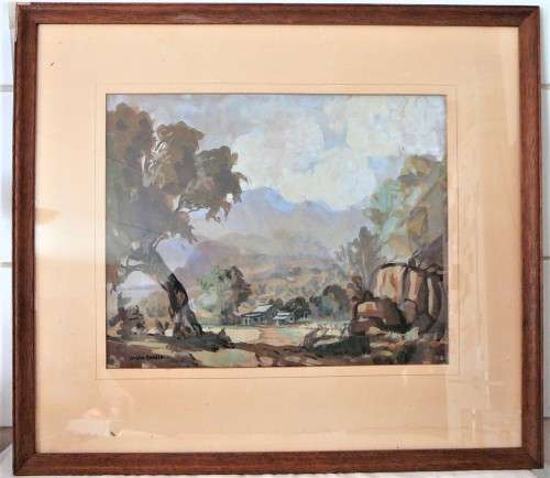 Old Farmstead below the Mountains - An Original Water Colour by Johann Engela