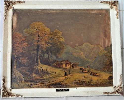 An Antique Moulded Framed Picture of A Home in the Alps