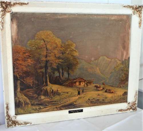 An Antique Moulded Framed Picture of A Home in the Alps