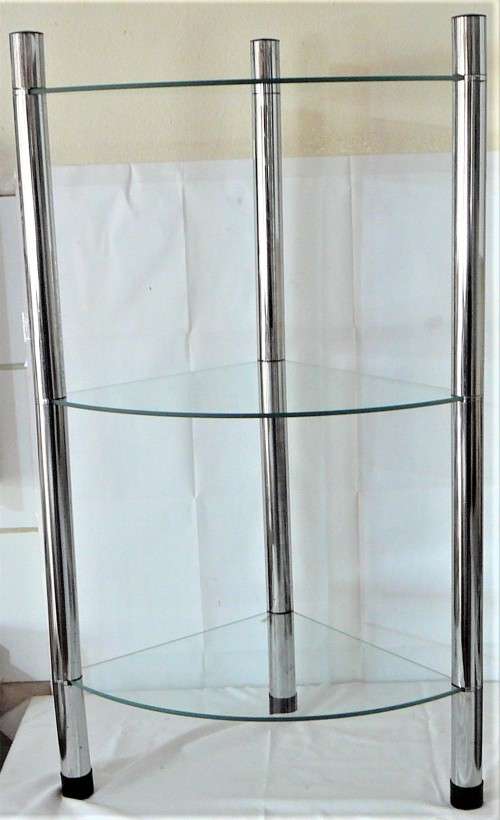 A Three Shelf Glass and Chrome Corner Unit