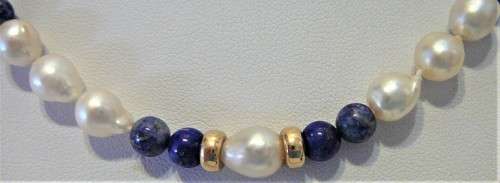 A Delightful Necklace of Lapis Beads, Pearls and 9ct Gold Spacers with a 9ct Gold Clasp