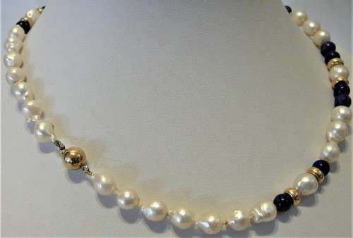 A Delightful Necklace of Lapis Beads, Pearls and 9ct Gold Spacers with a 9ct Gold Clasp