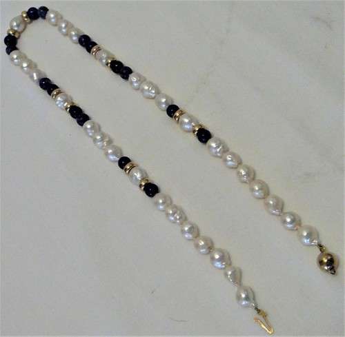 A Delightful Necklace of Lapis Beads, Pearls and 9ct Gold Spacers with a 9ct Gold Clasp