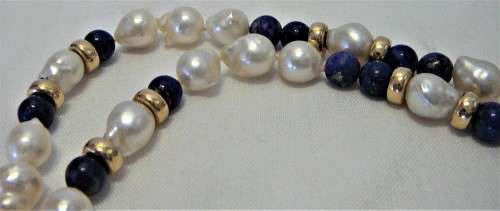 A Delightful Necklace of Lapis Beads, Pearls and 9ct Gold Spacers with a 9ct Gold Clasp