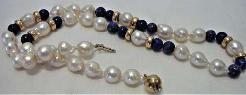 A Delightful Necklace of Lapis Beads, Pearls and 9ct Gold Spacers with a 9ct Gold Clasp