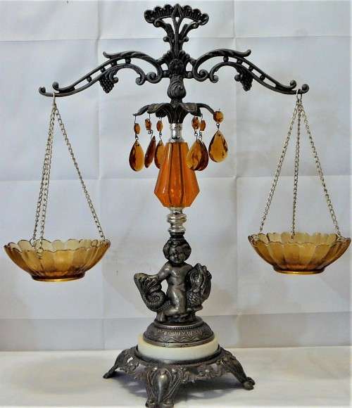 A Vintage Scales of Justice Ornament with Yellow Glass Bowls
